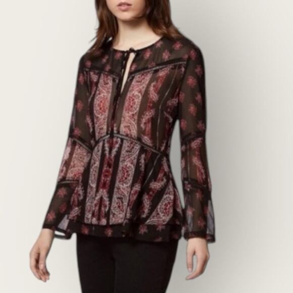 Avec Les Filles | Tie Neck Long Sleeves Printed Blouse | Cordovan Multi | XS - Picture 12 of 12